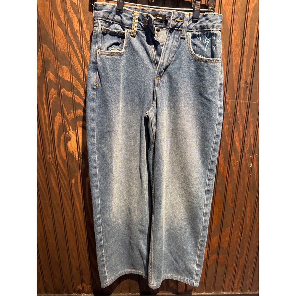 Bubblegum USA Wide Leg Jeans Blue Medium Wash Embroidered Star Lightning Bolt 28